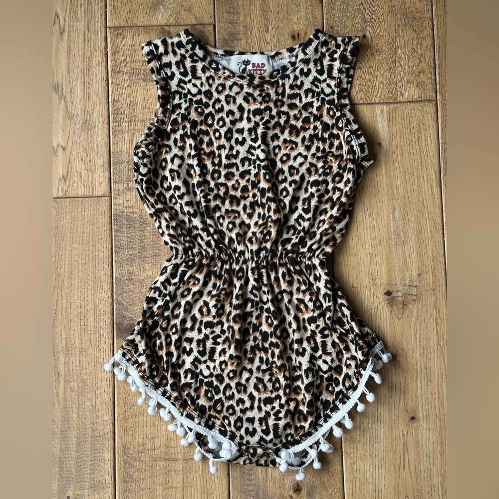 Bad Kitty Leopard Print Pom Pom Romper size 2-3T